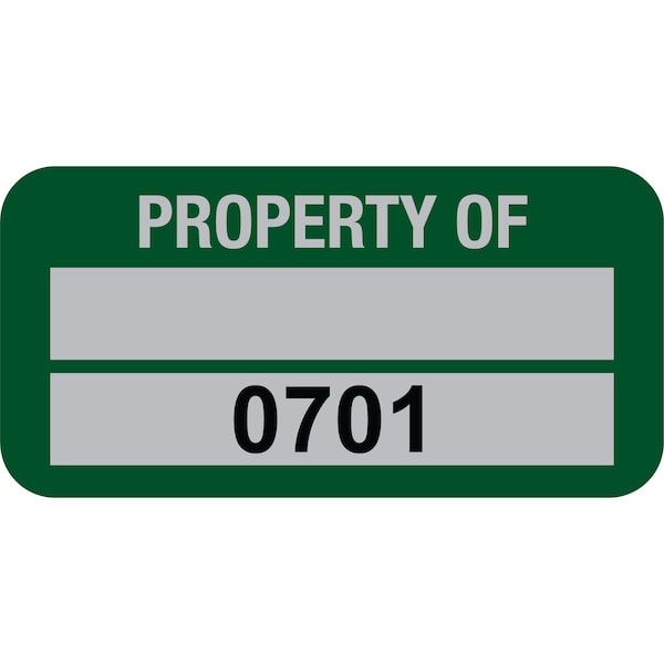 Lustre-Cal Property ID Label PROPERTY OF 5 Alum Green 1.50in x 0.75in 1 Blank Pad&Serialized 0701-0800,100PK 253769Ma2G0701 - main